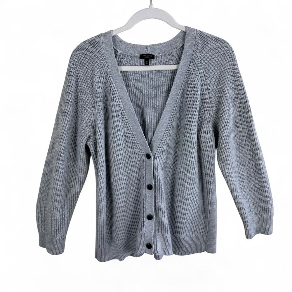 Talbots Womens Gray Ribbed V-Neck Button Front Cardigan Sweater 1XP Plus Petite